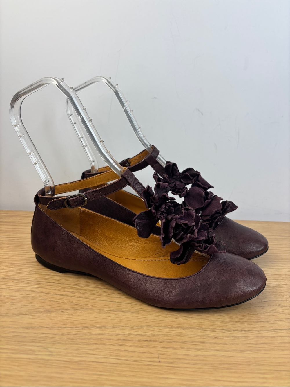 Nara Deep Plum Floral T-Strap Woman’s Ballet Flat With Ankle Strap Size 37 1/2